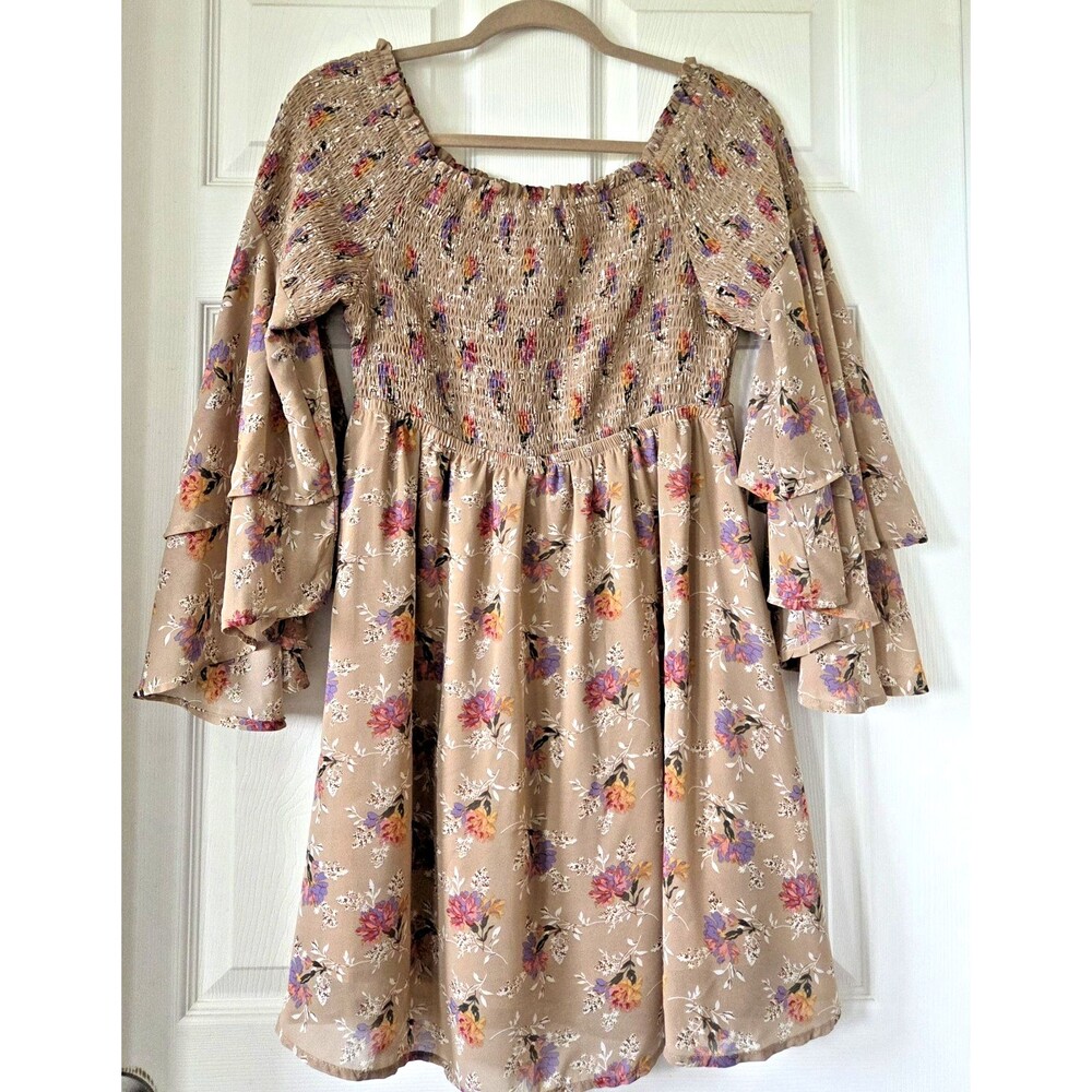 JODIFL Beige Floral Babydoll Dress Smocked Bodice Bell Sleeves Fairycore Size M